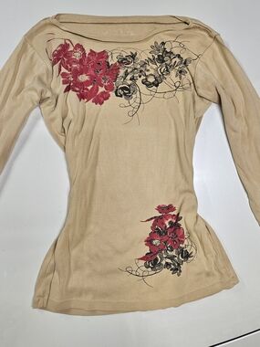 y2k floral printed beige boat neck long sleeve